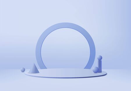 Podium in abstract blue composition, 3d render, 3d illustration, Background mockup 3d Blue with podium and minimal pink wall scene, 3d mockup abstract geometric shape blue pastel color. Stage for awards on website in modern.の写真素材
