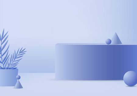 Podium in abstract blue composition, 3d render, 3d illustration, Background mockup 3d Blue with podium and minimal pink wall scene, 3d mockup abstract geometric shape blue pastel color. Stage for awards on website in modern.の写真素材