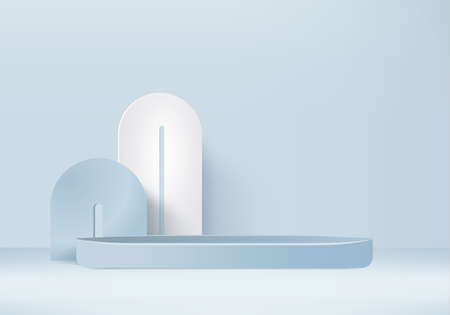 Cylinder abstract minimal scene with geometric platform. Summer background vector 3d rendering with podium. stand to show cosmetic products. Stage Showcase on pedestal modern 3d studio blue pastelのイラスト素材