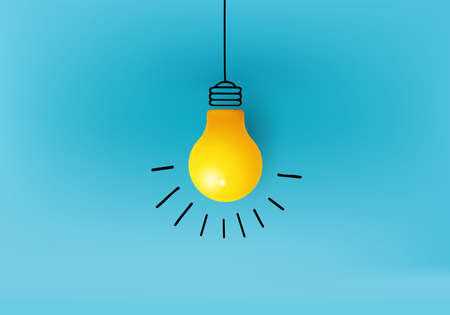 Creative idea, Inspiration, New idea and Innovation concept vector with light bulb on Yellow background. light bulb on bright blue background in pastel colors. Minimalist concept, business idea.のイラスト素材