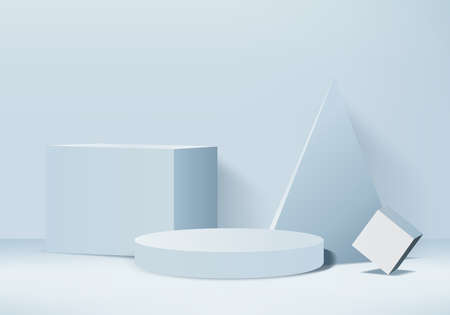 Cylinder abstract minimal scene with geometric platform. Summer background vector 3d rendering with podium. stand to show cosmetic products. Stage Showcase on pedestal modern 3d studio blue pastelのイラスト素材
