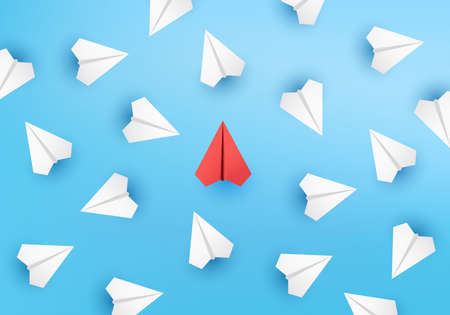 Business creative idea minimal concept on 3D render vector, group of paper plane in different directions, one individual pointing in the different way. Business for new ideas creativity & innovative solutionのイラスト素材