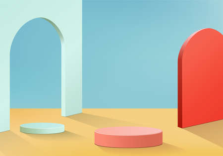 3d background products minimal podium scene with geometric platform. background vector 3d rendering with podium. stand to show cosmetic products. Stage showcase on pedestal modern studio blue pastelのイラスト素材