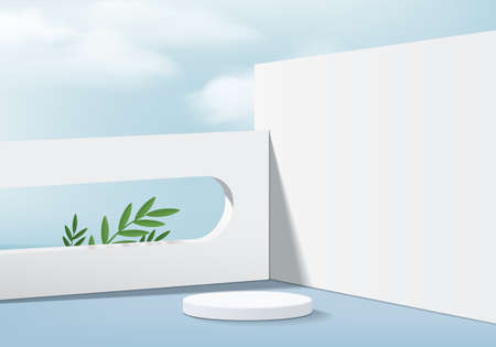 3d background products minimal podium scene with geometric platform. background vector 3d rendering with podium. stand to show cosmetic products. Stage showcase on pedestal modern studio blue pastelのイラスト素材
