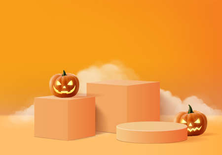 Halloween minimal scene 3d with smoke and podium platform. Halloween background vector 3d rendering with pumpkin podium. stand to show products. Stage Showcase on pedestal modern orange pumpkin pastelのイラスト素材