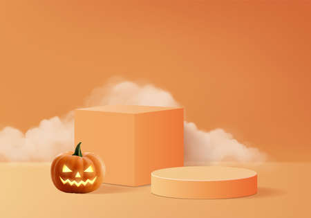 Halloween minimal scene 3d with smoke and podium platform. Halloween background vector 3d rendering with pumpkin podium. stand to show products. Stage Showcase on pedestal modern orange pumpkin pastelのイラスト素材
