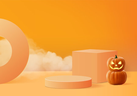 Halloween minimal scene 3d with smoke and podium platform. Halloween background vector 3d rendering with pumpkin podium. stand to show products. Stage Showcase on pedestal modern orange pumpkin pastelのイラスト素材
