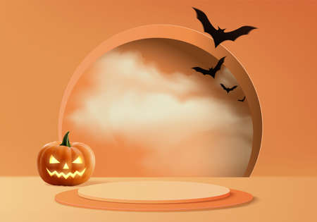 Halloween minimal scene 3d with smoke and podium platform. Halloween background vector 3d rendering with pumpkin podium. stand to show products. Stage Showcase on pedestal modern orange pumpkin pastelのイラスト素材