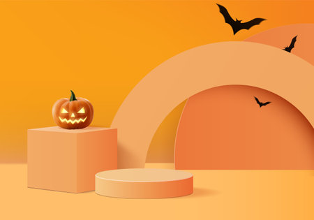 Halloween minimal scene 3d with smoke and podium platform. Halloween background vector 3d rendering with pumpkin podium. stand to show products. Stage Showcase on pedestal modern orange pumpkin pastelのイラスト素材