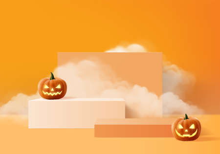 Halloween minimal scene 3d with smoke and podium platform. Halloween background vector 3d rendering with pumpkin podium. stand to show products. Stage Showcase on pedestal modern orange pumpkin pastelのイラスト素材