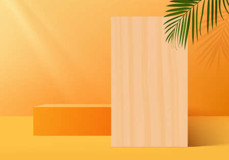 3d background products display podium scene with geometric platform. background vector 3d rendering with podium. stand to show cosmetic products. Stage showcase on pedestal display orange studioのイラスト素材