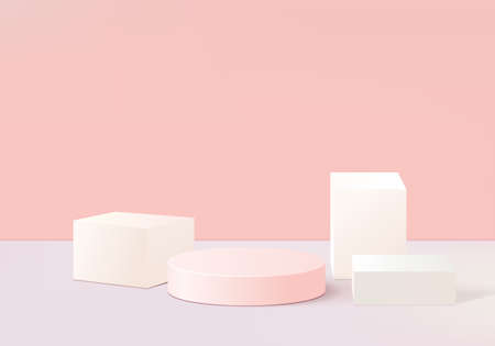 3d display product abstract minimal scene with geometric podium platform. cylinder background vector 3d rendering with podium. stand for cosmetic products. Stage showcase on pedestal 3d pink studioのイラスト素材