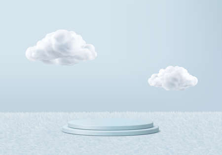 Background vector 3d blue rendering with podium and minimal cloud scene, minimal product display background 3d rendered geometric shape sky cloud blue pastel. Stage 3d render product in platformのイラスト素材