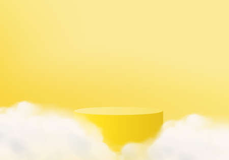 Background vector 3d yellow rendering with podium and minimal cloud scene, minimal product display background 3d rendered geometric shape sky cloud pastel. Stage 3d render product in platformのイラスト素材