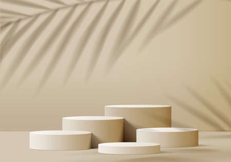 3d background products display podium scene with palm leaf geometric platform. background vector 3d render with podium. stand to show cosmetic products. Stage showcase on pedestal display biege studioのイラスト素材