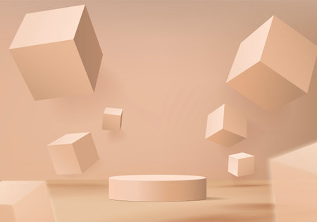 3d background products display podium scene with geometric platform. background vector 3d rendering with podium. stand to show cosmetic products. Stage showcase on pedestal display beige studioのイラスト素材