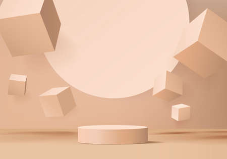 3d display product abstract minimal scene with geometric podium platform. cylinder background vector 3d rendering with podium. stand for cosmetic products. Stage showcase on pedestal 3d beige studioのイラスト素材