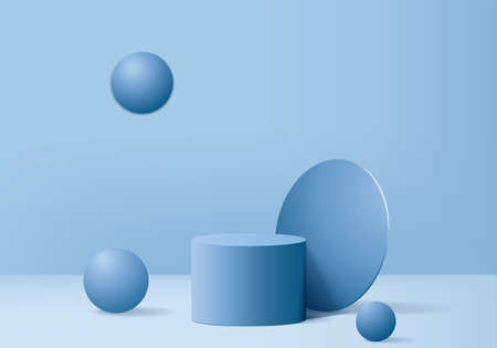 Cylinder abstract minimal scene with geometric platform. Summer background vector 3d rendering with podium. stand to show cosmetic products. Stage showcase on pedestal modern 3d studio blue pastelのイラスト素材