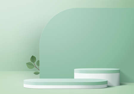 3d display product abstract minimal scene with geometric podium platform. cylinder background vector 3d rendering with podium. stand for cosmetic products. Stage showcase on pedestal 3d green  studioのイラスト素材