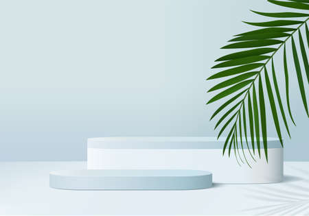 3d display product abstract minimal scene with geometric podium platform. cylinder background vector 3d rendering with podium. stand for cosmetic products. Stage showcase on pedestal 3d blue studioのイラスト素材