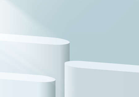 Cylinder abstract minimal scene with geometric platform. Summer background vector 3d rendering with podium. stand to show cosmetic products. Stage showcase on pedestal modern 3d studio blue pastelのイラスト素材