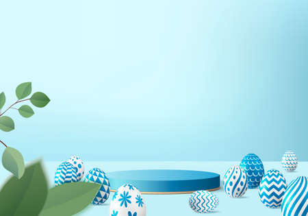 Easter eggs podium with 3d render vector in blue scene background. Easter day with geometry platform for product display. stand to show cosmetic products.  Stage showcase on pedestal display studioのイラスト素材