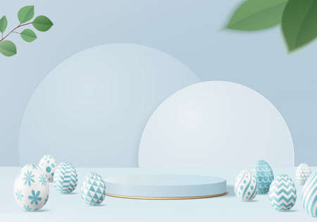 Easter eggs podium with 3d render vector in blue scene background. Easter day with geometry platform for product display. stand to show cosmetic products.  Stage showcase on pedestal display studioのイラスト素材