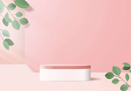 background products display podium scene with geometric platform. background vector 3d rendering with podium. stand to show cosmetic products. Stage showcase on pedestal display pink studioのイラスト素材