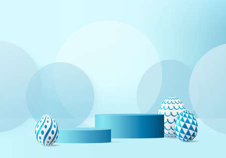 Easter eggs podium with 3d render vector in blue scene background. Easter day with geometry platform for product display. stand to show cosmetic products.  Stage showcase on pedestal display studioのイラスト素材