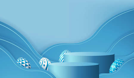 Easter eggs podium with 3d render vector in blue scene background. Easter day with geometry platform for product display. stand to show cosmetic products.  Stage showcase on pedestal display studioのイラスト素材