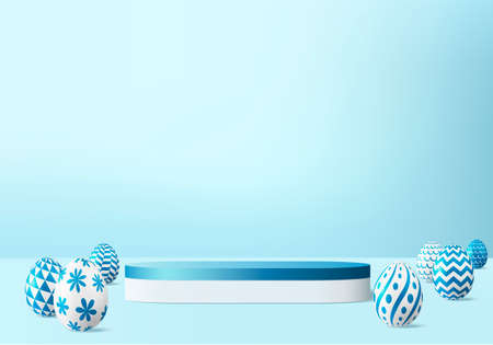 Easter eggs podium with 3d render vector in blue scene background. Easter day with geometry platform for product display. stand to show cosmetic products.  Stage showcase on pedestal display studioのイラスト素材
