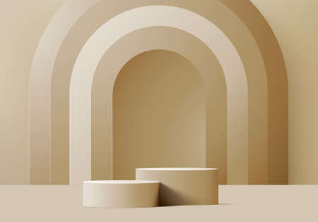 3d background products display podium scene with geometric platform. background vector 3d rendering with podium. stand to show cosmetic products. Stage showcase on pedestal display beige studioのイラスト素材