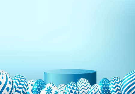 Easter eggs podium with 3d render vector in blue scene background. Easter day with geometry platform for product display. stand to show cosmetic products.  Stage showcase on pedestal display studioのイラスト素材