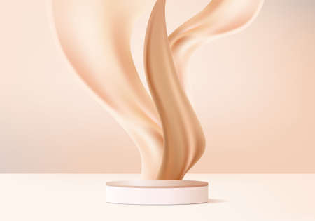 3d beige display product abstract minimal scene with liquid splash swirl on podium platform. cream fluid flow background vector render with podium. pedestal 3d beige for cosmetic products beauty.のイラスト素材