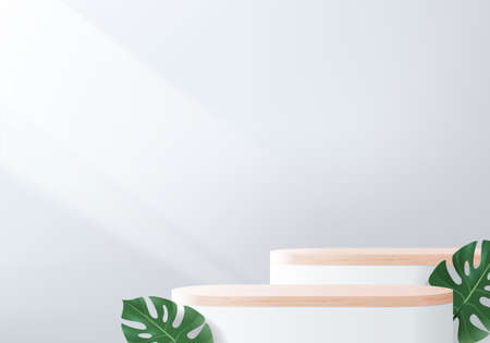 3d gray background product display wood podium with leaf geometric platform. grey background vector 3d render with podium. wood stand to show cosmetic product. Stage showcase on pedestal white displayのイラスト素材
