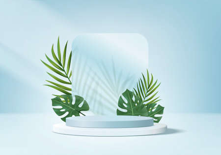 3d background product display podium scene with green leaf geometric platform. background vector 3d render with podium. stand to show cosmetic product. Stage showcase on pedestal display blue studioのイラスト素材