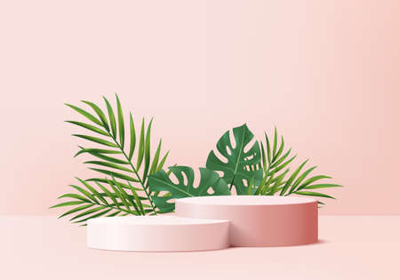 3d background products display podium scene with green leaf geometric platform. background vector 3d render with podium. stand to show cosmetic product. Stage showcase on pedestal display pink studioのイラスト素材