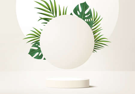 3d background products display podium scene with palm leaf geometric platform. background vector 3d render with podium. stand to show cosmetic product. Stage showcase on pedestal display beige studioのイラスト素材