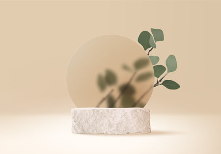 3d background products display stone podium scene with palm leaf geometric platform. background vector 3d render with podium. stand to show cosmetic product. Stage showcase on pedestal beige displayのイラスト素材