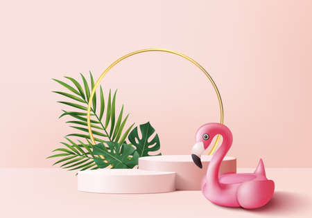 3d pink flamingo render for summer, background product display podium scene with green leaf geometric platform. background vector 3d render with podium. stand to show cosmetic product display studioのイラスト素材