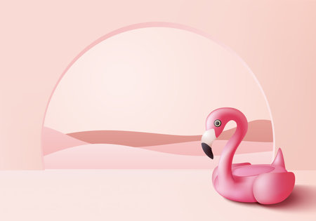 3d pink flamingo rendering for summer, tropical bird shape inflatable swimming pool ring, float. Summer vacation holiday rubber scene, traveling. Stage showcase on pedestal 3d pink background vectorのイラスト素材