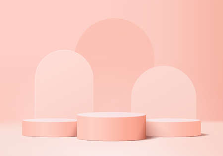 3d display product abstract minimal scene with geometric podium platform. cylinder background vector 3d rendering with podium. stand for cosmetic products. Stage showcase on pedestal 3d pink studioのイラスト素材