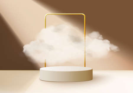 beige background vector 3d rendering with podium and minimal cloud scene, minimal product display background 3d geometric shape sky cloud brown pastel. Stage 3d render product in platformのイラスト素材