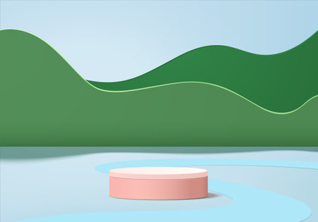Cylinder abstract minimal scene with geometric platform. Summer background vector 3d rendering with podium. stand to show cosmetic products. Stage showcase on pedestal modern 3d studio green pastelのイラスト素材