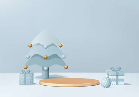 Christmas 3d minimal rendered scene with gift box and podium platform. Christmas tree background vector 3d rendering with gold podium. stand to show products. Christmas 3d showcase on pedestal blueのイラスト素材
