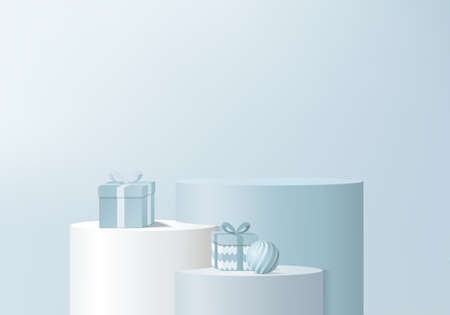 Christmas 3d minimal rendered scene with gift box and podium platform. Christmas tree background vector 3d rendering with gold podium. stand to show products. Christmas 3d showcase on pedestal blueのイラスト素材