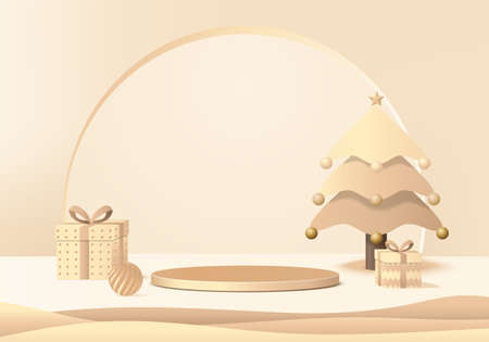 New Years minimal rendered stand 3d with gold tree and podium product. Christmas tree background vector 3d rendering with gold podium. stand to show product. Stand product showcase on christmas goldのイラスト素材