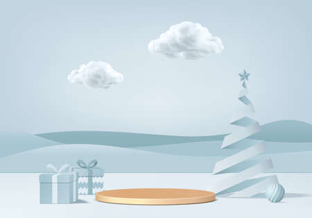Christmas 3d minimal rendered scene with gift box and podium platform. Christmas tree background vector 3d rendering with gold podium. stand to show products. Christmas 3d showcase on pedestal blueのイラスト素材