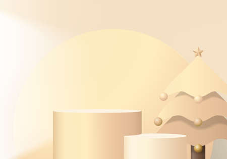 New Years minimal rendered stand 3d with gold tree and podium product. Christmas tree background vector 3d rendering with gold podium. stand to show product. Stand product showcase on christmas goldのイラスト素材