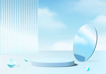 3d background platform with blue glass modern. Background vector 3d rendering crystal podium platform. stand show cosmetic product. Stage showcase on pedestal modern glass studio platformのイラスト素材